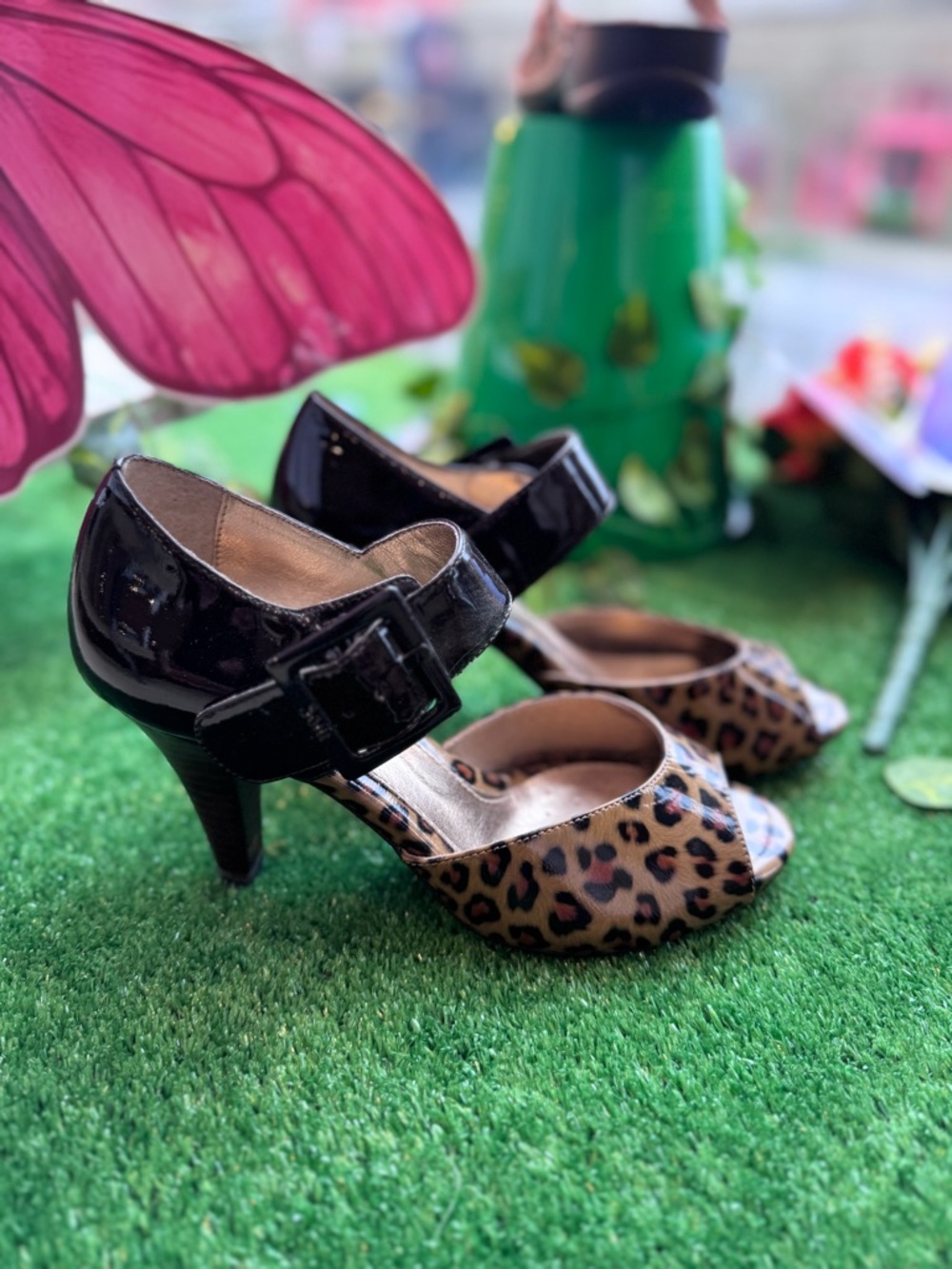 Doggy Leopard Print Peep-Toe Heels with Dk Brown Patent Strap - Women
